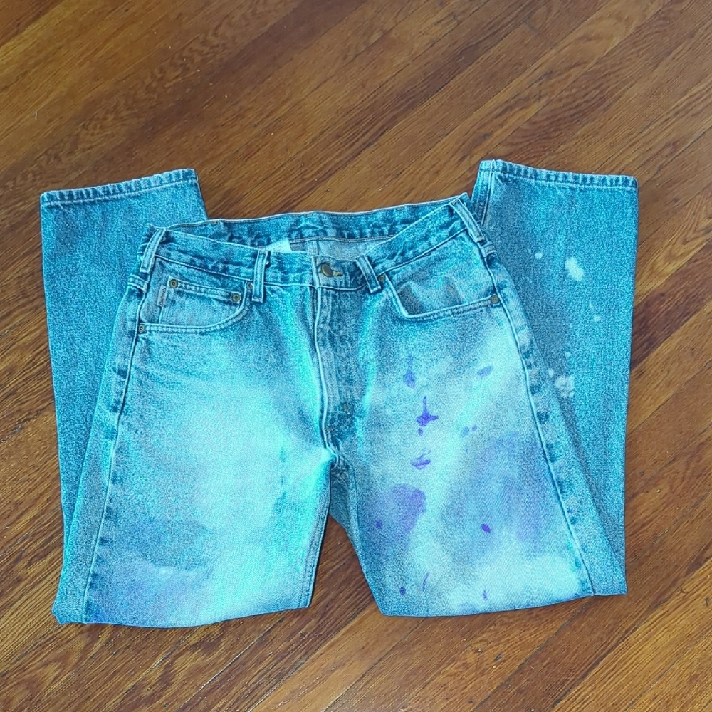 Carhartt Men's Blue Denim Jeans 34W× 30Lwith a Splashof Purple & White Design